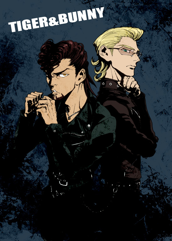 alternate_hairstyle, barnaby_brooks_jr, blonde_hair, brown_eyes, brown_hair, delinquent, facial_hair, glasses, green_eyes, high_contrast, jacket, kaburagi_t_kotetsu, leather_jacket, male, multiple_boys, pompadour, short_hair, stubble, tiger_&amp;_bunny, zakk
