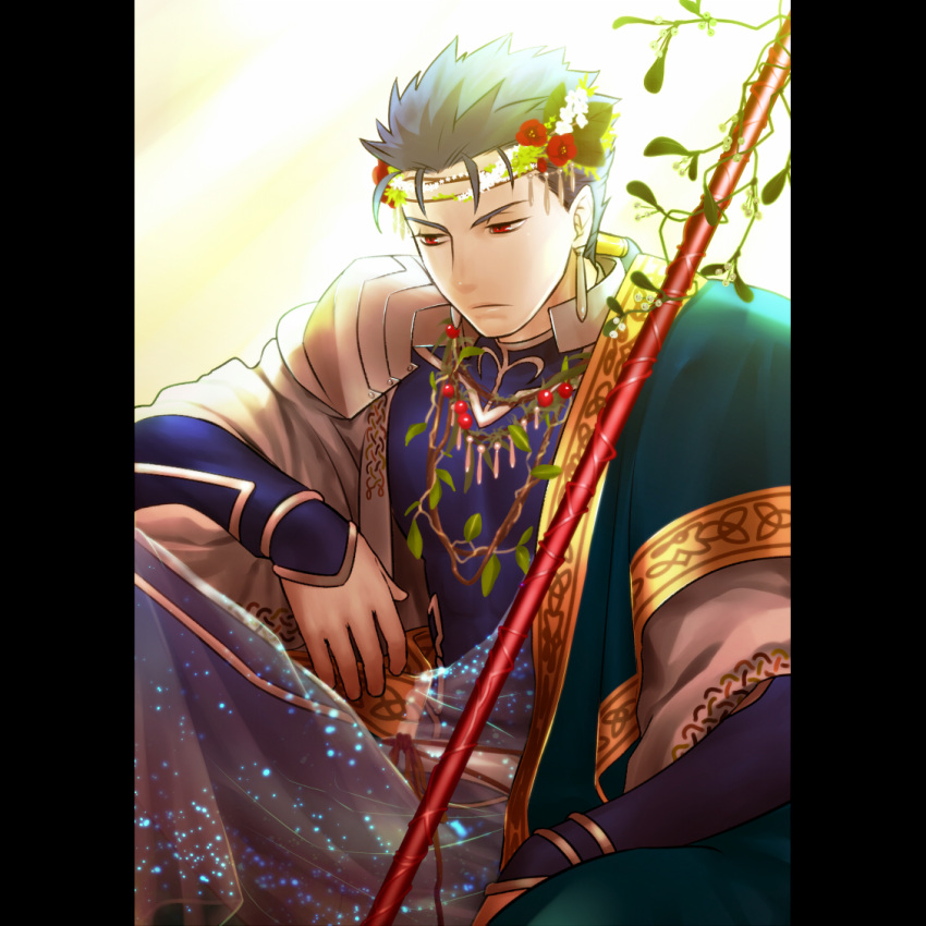 blue_hair, earrings, fate/stay_night, fate_(series), gae_bolg, jewelry, lancer, long_hair, male, pauldron, pauldrons, pillarboxed, ponytail, red_eyes, robe, san_moto, solo