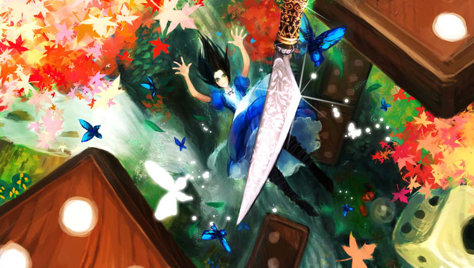 alice:_madness_returns, alice_(wonderland), alice_in_wonderland, american_mcgee's_alice, apron, black_hair, boots, butterfly, dice, dominoes, green_eyes, knee_boots, knife, kugukiugu, leaf, long_hair, maple_leaf, solo