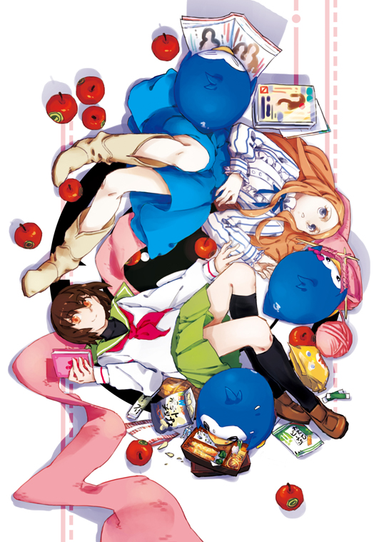 apple, bird, boots, brown_eyes, brown_hair, diary, dress, food