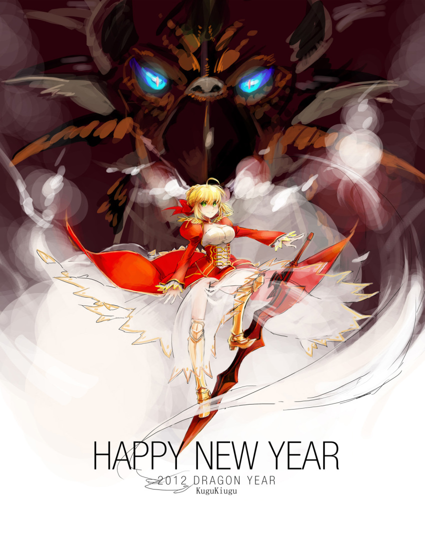 2012, aestus_estus, ahoge, blonde_hair, breasts, cleavage, dragon, dress