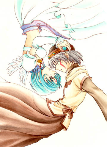 .hack//sign, anasutasia-ayu, green_hair, grey_hair, hand_on_head, hat, lowres, rotational_symmetry, short_hair, subaru, subaru_(.hack//), tsukasa, tsukasa_(.hack//), wings