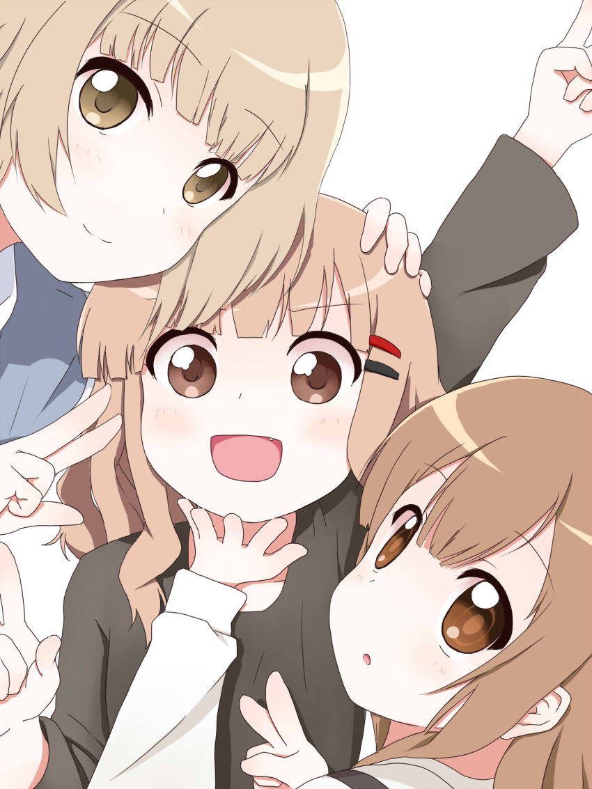 blonde_hair, brown_eyes, brown_hair, double_v, face, fang, hair_ornament, hairclip