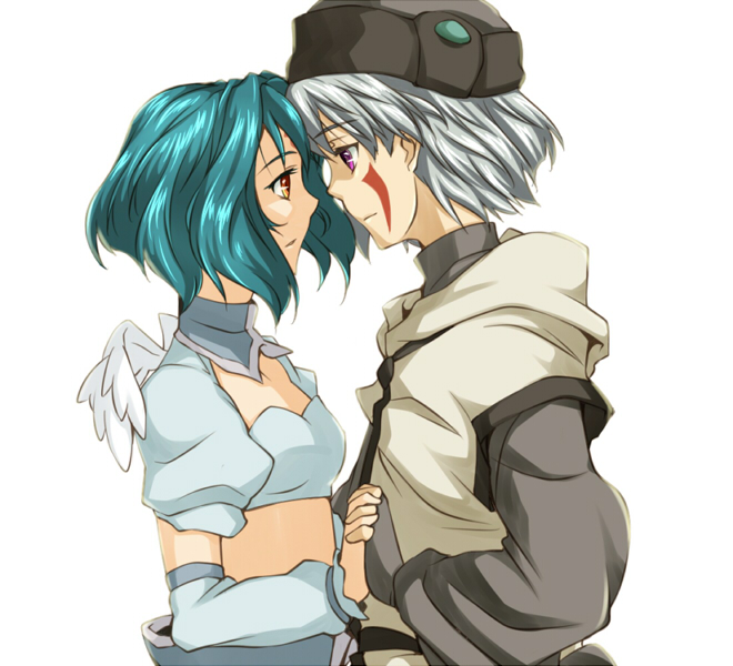 .hack//sign, eye_contact, facial_mark, green_hair, hand_holding, holding_hands, looking_at_another, purin0505