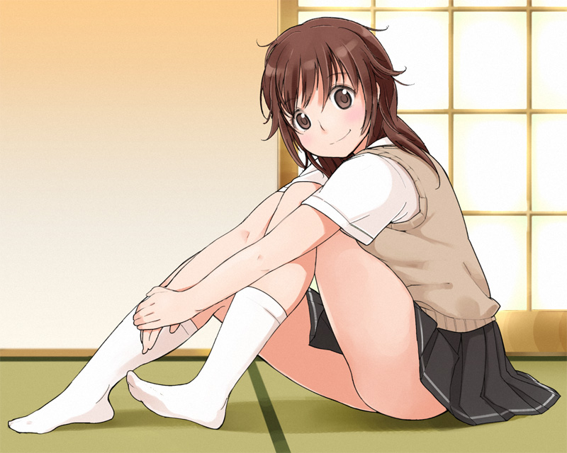 amagami, brown_eyes, brown_hair, cardigan, footwear, harepore, pleated_skirt, sakurai_rihoko