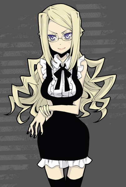 bangs, black_legwear, blonde_hair, bracelet, dress, glasses, jewelry, konishi_mitsuki