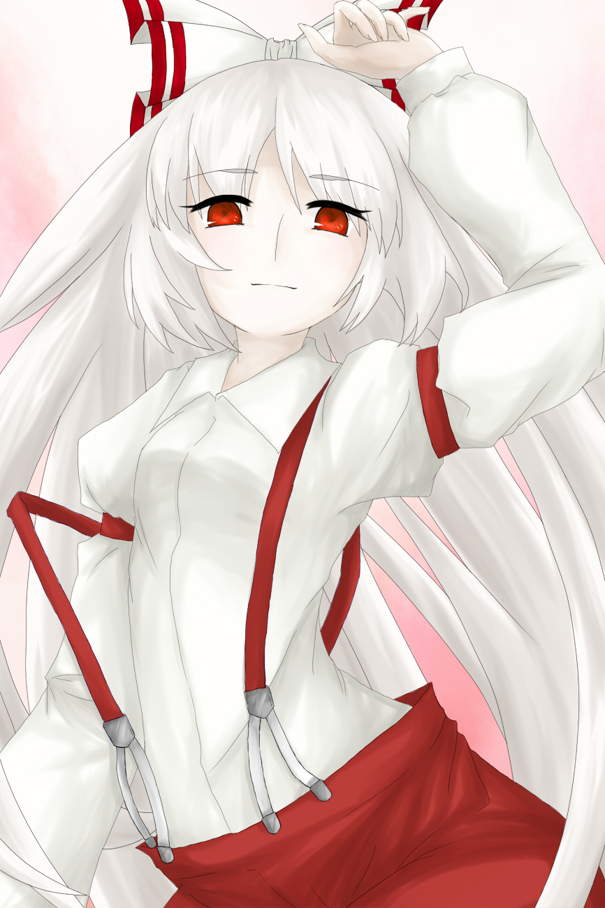 bow, fujiwara_no_mokou, hair_bow, highres, long_hair, red_eyes, silver_hair, solo