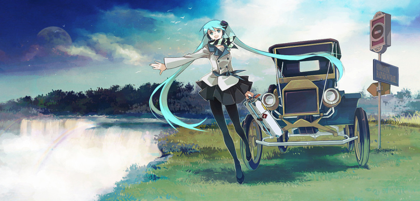 aqua_eyes, aqua_hair, bird, car, chris4708, hatsune_miku, headphones, legs