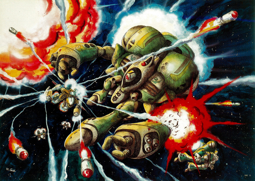 absurdres, alien, battle, choujikuu_yousai_macross, damaged, explosion, floating, flying