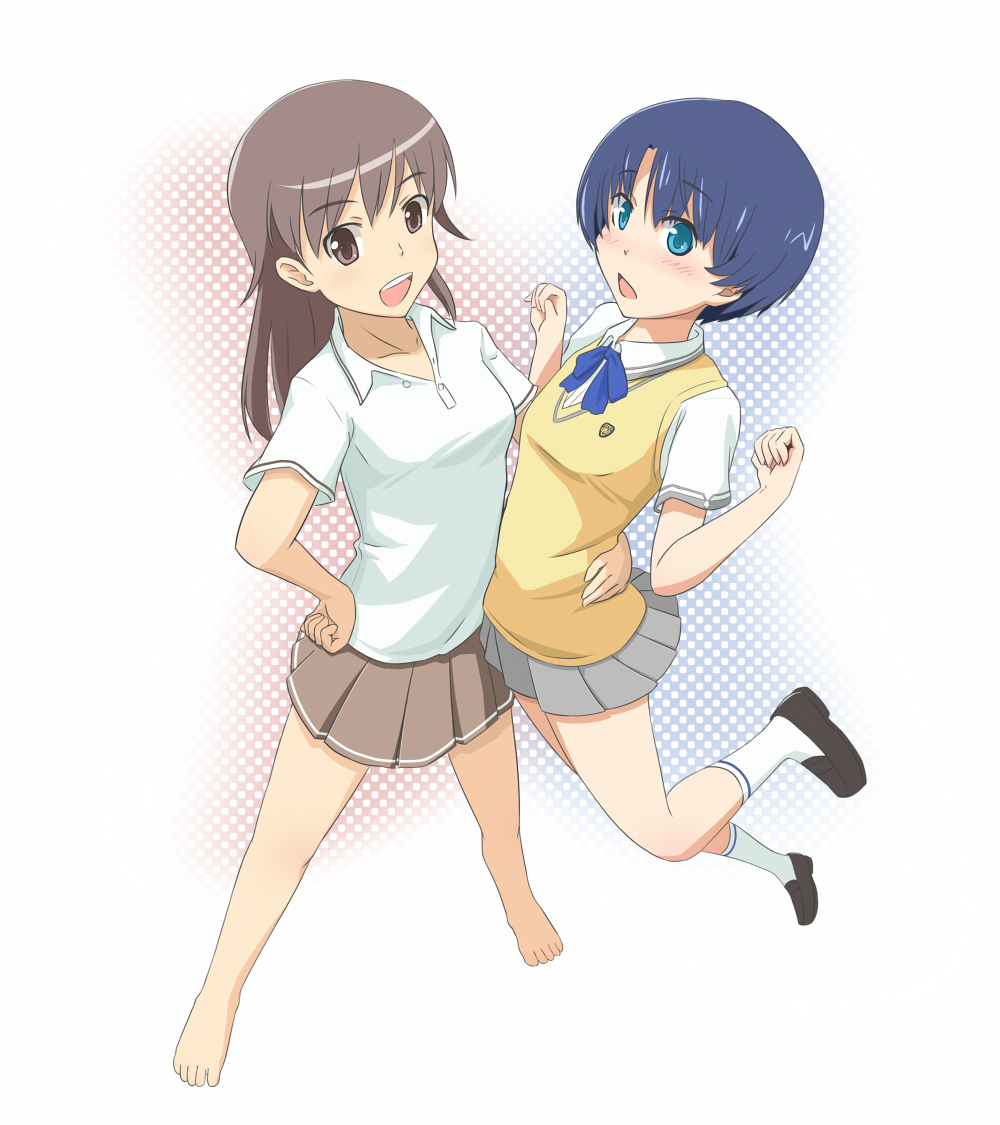 ano_natsu_de_matteru, arm_around_waist, barefoot, blue_eyes, blue_hair, blush, bowtie, brown_eyes
