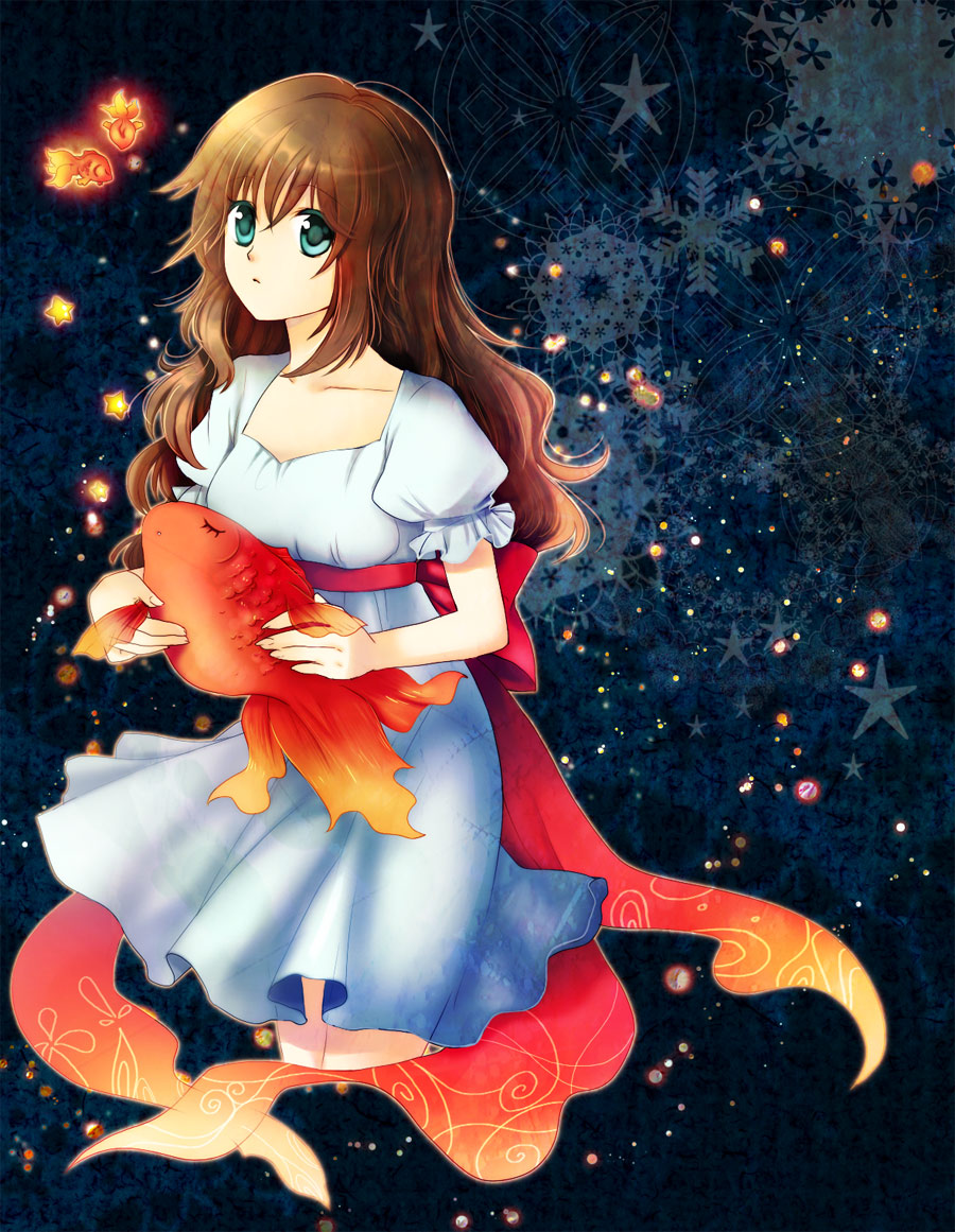 animal, brown_hair, eden000, fish, giant_animal, goldfish, green_eyes, long_hair