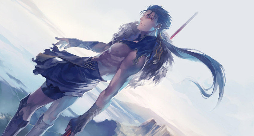 alternate_costume, blue_hair, boots, celtic, dutch_angle, fate/stay_night, fate_(series), fingerless_gloves