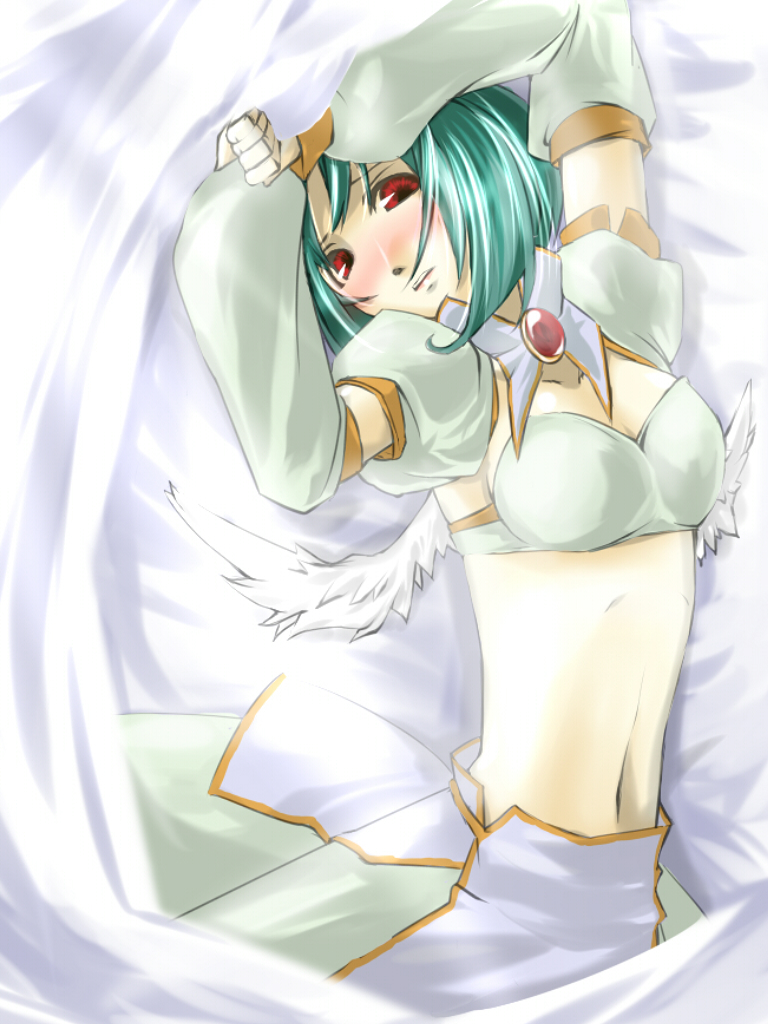 .hack//sign, angel_wings, aqua_hair, arms_up, blush, bob_cut, bra, brooch