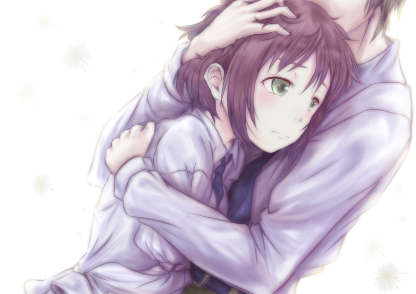 1girl, absurdres, adesa, amputee, blush, couple, dandelion, flower, green_eyes, hand_in_hair, height_difference, highres, hug, katawa_shoujo, nakai_hisao, necktie, red_hair, redhead, school_uniform, short_hair, tezuka_rin, tied_shirt