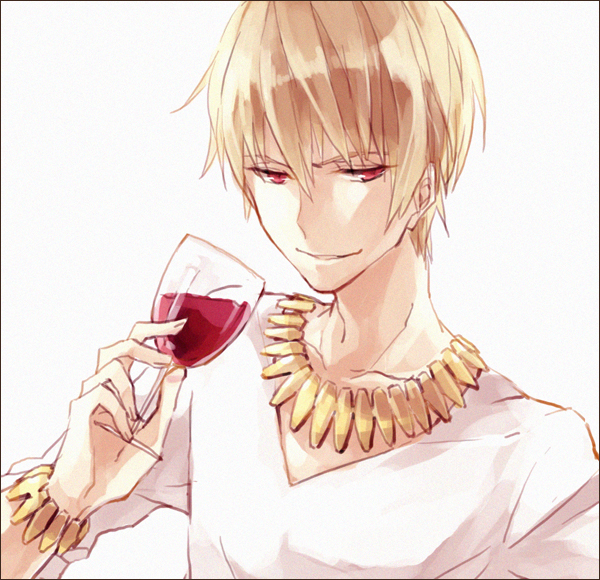 blonde_hair, bracelet, casual, cup, fate/zero, fate_(series), gilgamesh, himishiro