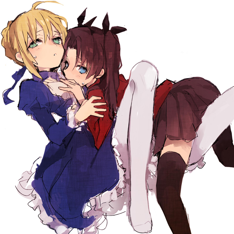 black_hair, black_legwear, blonde_hair, blue_eyes, braid, dress, fate/stay_night, fate_(series)