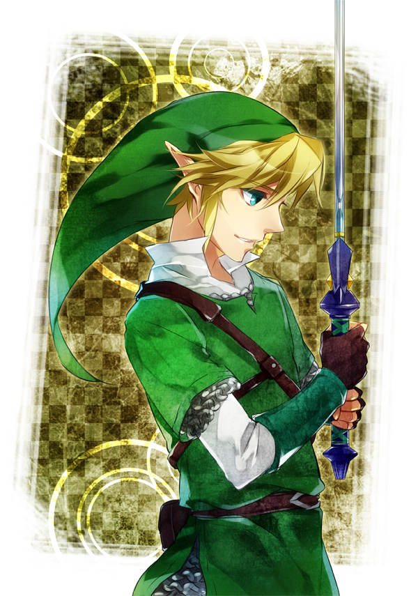 aqua_eyes, belt, blonde_hair, chainmail, fingerless_gloves, gloves, green, hat