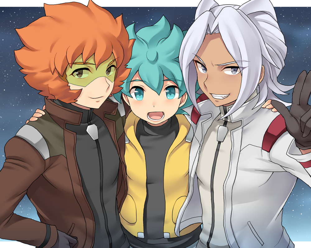 aqua_eyes, aqua_hair, black_gloves, blue_eyes, dark_skin, fang, flit_asuno, gloves, grin, gundam, gundam_age, hand_on_hip, hand_on_shoulder, hips, inaho, jacket, largan_drace, male, multiple_boys, open_mouth, orange_hair, smile, sunglasses, white_hair, woolf_enneacle
