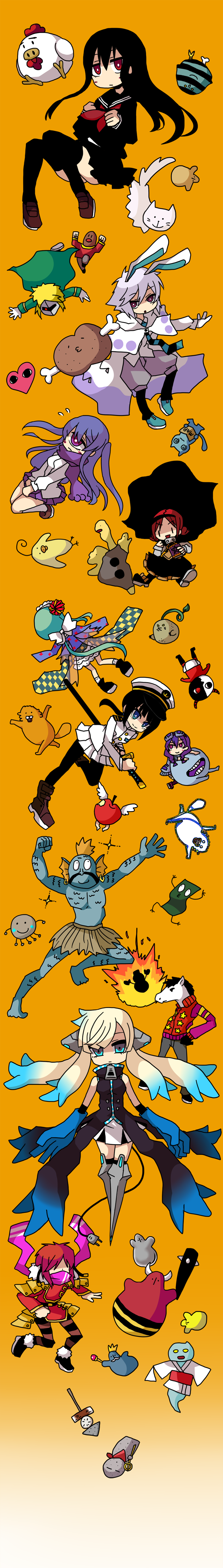 absurdres, ahoge, animal_ears, apple, arms_up, ascot, bandana, bandanna, bangs, bird, bite_mark, black_hair, black_legwear, blonde_hair, blue_eyes, blue_hair, blunt_bangs, blush, bone, book, bow, braid, buck_teeth, bunny_ears, cape, cat, checkered, chicken, clenched_hand, closed_eyes, club, crown, diglett, dress_shirt, earrings, enma_ai, explosion, expressionless, eyes_closed, facial_hair, falling, fins, fire, fist, flower, food, frilled_skirt, fruit, glasses_on_head, gloves, gradient_hair, grass_skirt, grin, hair_between_eyes, hair_bow, hairband, hand_on_hip, heart, heterochromia, highres, hips, holding, horns, horse, jacket, japanese_clothes, jewelry, jigoku_shoujo, katana, kimono, kneehighs, layered_skirt, leg_up, light_smile, loafers, long_hair, maid_headdress, map, mask, meat, merman, meta_knight, mittens, multicolored_hair, mustache, necktie, ngayope, one-eyed, open_mouth, original, pants, pantyhose, parted_bangs, pig, pleated_skirt, plug, pokemon, purple_eyes, purple_hair, red_eyes, red_hair, redhead, sailor, scarf, scepter, school_uniform, sea_otter, shirt, shoes, short_hair, sitting, skirt, smile, snowman, spiked_club, star, striped, striped_legwear, sword, teeth, thigh-highs, thighhighs, twin_braids, uniform, upside-down, violet_eyes, weapon, white_hair, white_legwear, wings, |_|