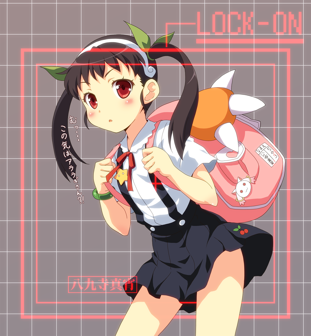 :o, backpack, bag, bakemonogatari, black_hair, blush, bracelet, child