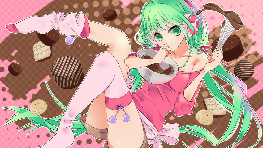 1920x1080, 1girl, 6_(roku), apron, baking, bare_shoulders, cake, chocolate, earmuffs, food, green_eyes, green_hair, hatsune_miku, headphones, highres, looking_at_viewer, pink_legwear, rokka666, shorts, solo, thigh-highs, thighhighs, twintails, vocaloid, wallpaper