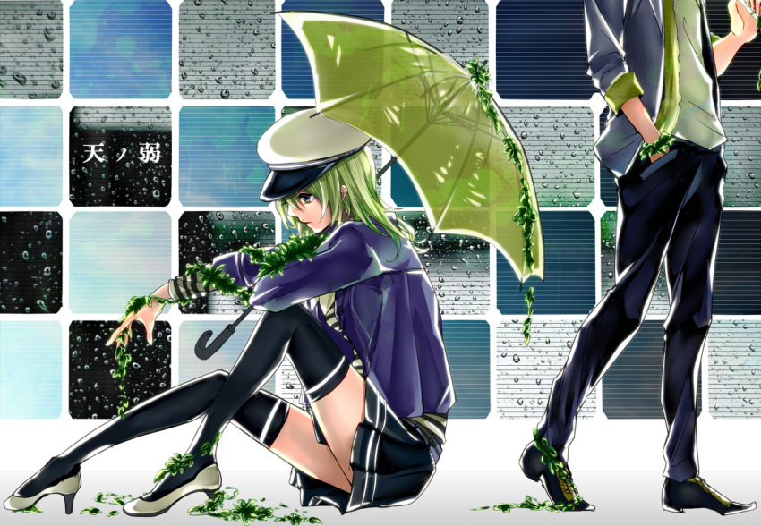 ama_no_jaku_(vocaloid), green_hair, gumi, hat, shiduki, short_hair, skirt, thigh-highs, thighhighs, umbrella, vocaloid