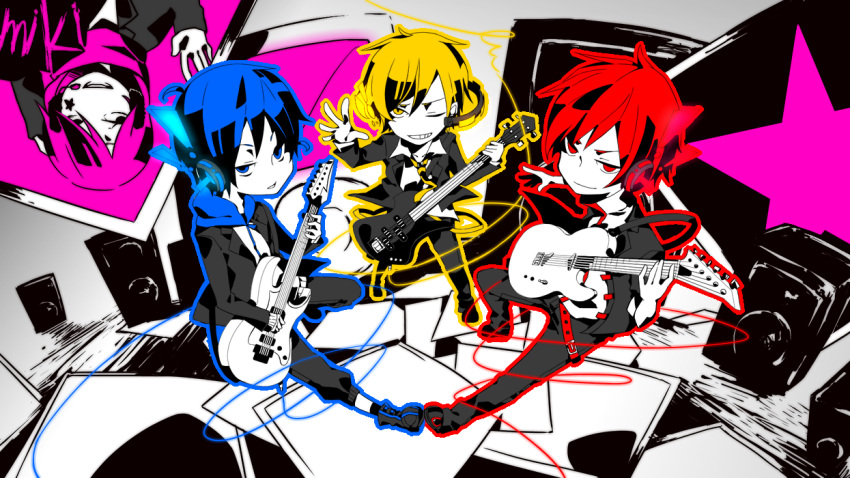 4boys, akaito, band, blonde_hair, blue_eyes, blue_hair, chibi, earphones