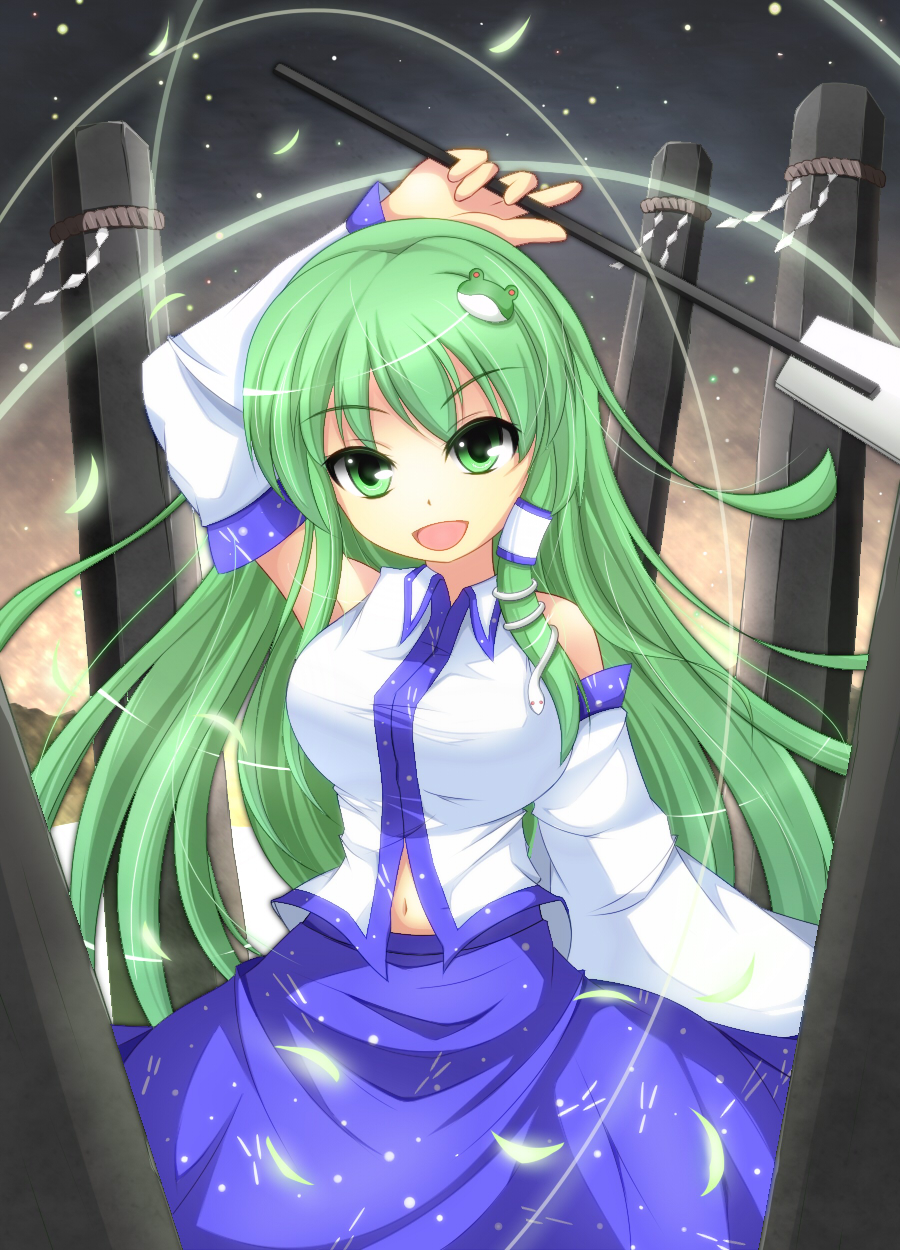 aaaa, arm_up, danmaku, detached_sleeves, frog_hair_ornament, gohei, green_eyes, green_hair, hair_ornament, hair_tubes, highres, kochiya_sanae, lights, long_hair, midriff, navel, onbashira, open_mouth, pillar, shirt, skirt, smile, snake, solo, touhou, uumenn