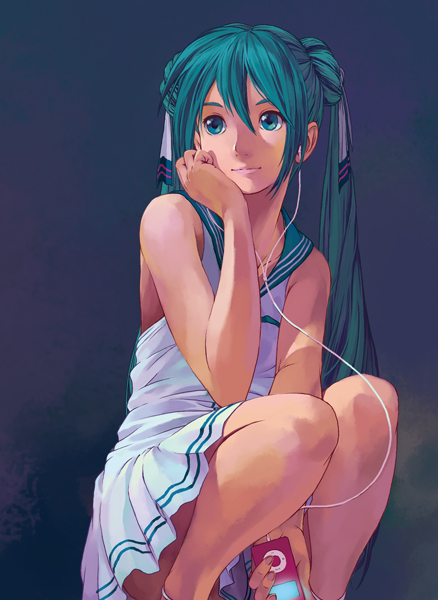 aqua_eyes, aqua_hair, black_background, chin_rest, digital_media_player, earbuds, earphones, hatsune_miku, ipod, long_hair, reise, sailor_collar, simple_background, skirt, solo, squatting, twintails, vocaloid