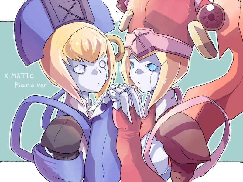 2girls, age_difference, android, blazblue, blonde_hair, blue_eyes, citolo, hand_holding