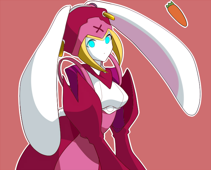 android, animal_ears, aqua_eyes, blazblue, blonde_hair, blue_eyes, carrot, chiroku, glowing, glowing_eyes, hat, ignis_(blazblue), pale_skin, puffy_sleeves, robot_ears, simple_background, solo, white_skin
