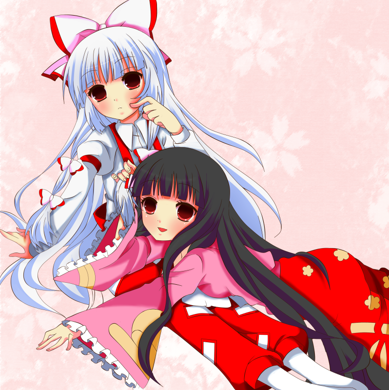bad_id, bangs, black_hair, blunt_bangs, blunt_banhs, frilled_sleeves, fujiwara_no_mokou, hair_grab