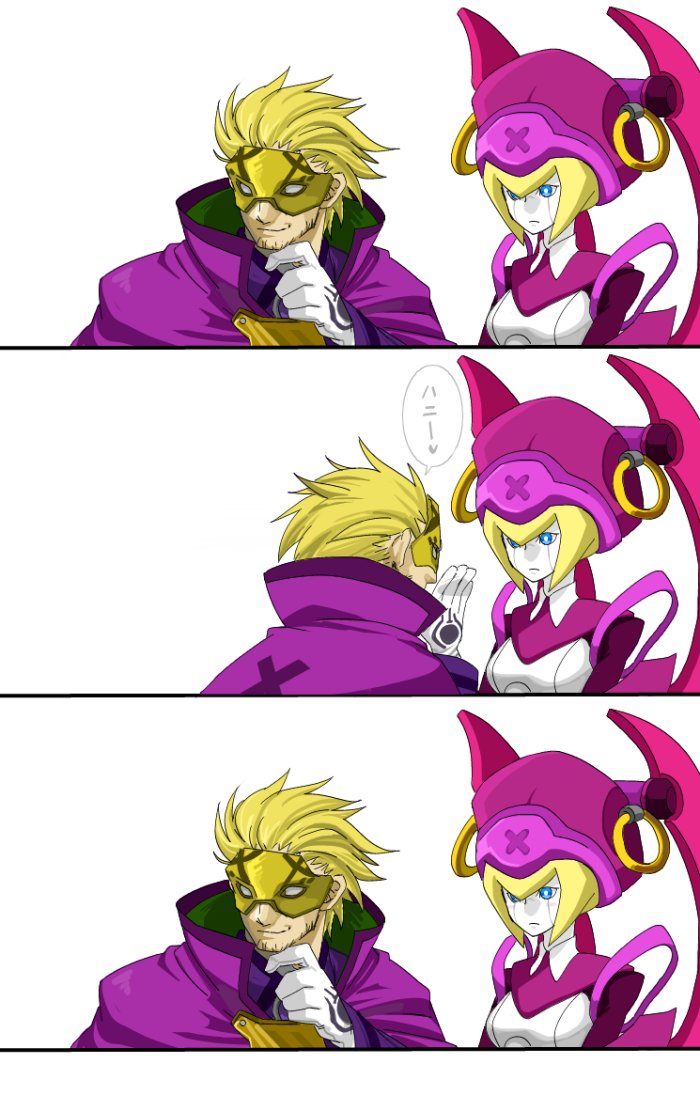 1girl, 3koma, android, blazblue, blonde_hair, blue_eyes, blush, comic