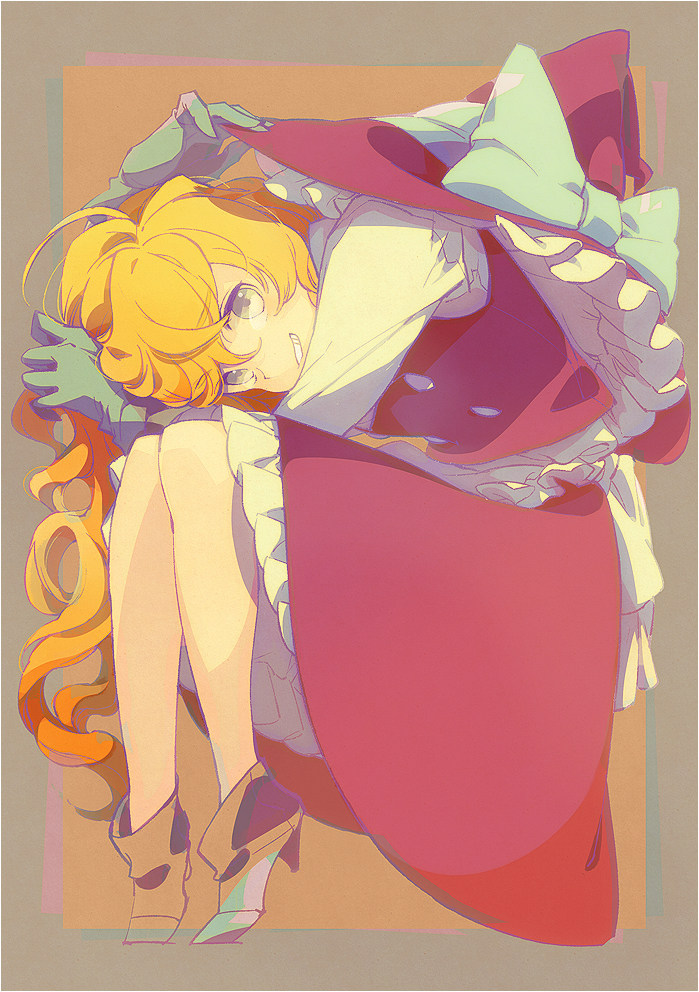 alternate_color, alternate_hairstyle, bare_legs, blonde_hair, blue_eyes, fetal_position, gloves, grin