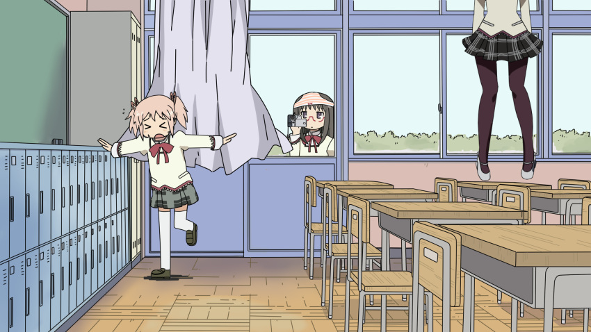 >_<, akemi_homura, arawi_keiichi_(style), black_hair, camcorder, chair, classroom, crossover