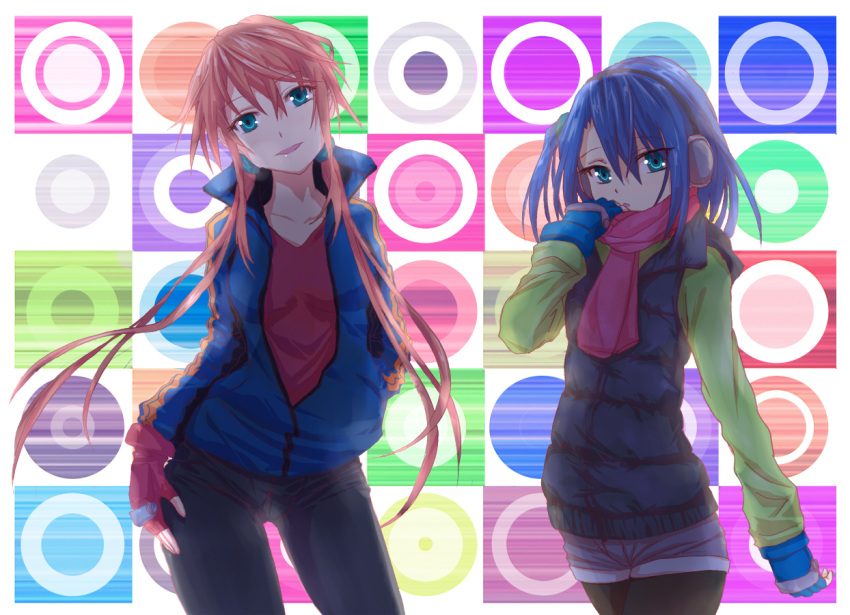 blue_hair, brass_knuckles, casual, fingerless_gloves, gloves, kaeru314, legwear_under_shorts, long_hair