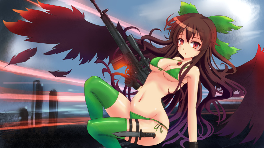 alternate_costume, arm_support, bare_shoulders, battle_rifle, bikini, black_wings, bow, front-tie_top, g3, green_bikini, green_legwear, gun, hair_bow, heckler_&amp;_koch, highres, holster, knife, large_wings, long_hair, navel, red_eyes, reiuji_utsuho, rifle, shiny, shiny_skin, side-tie_bikini, skindentation, solo, sumapan, swimsuit, thigh-highs, thigh_holster, thighhighs, touhou, weapon, wings