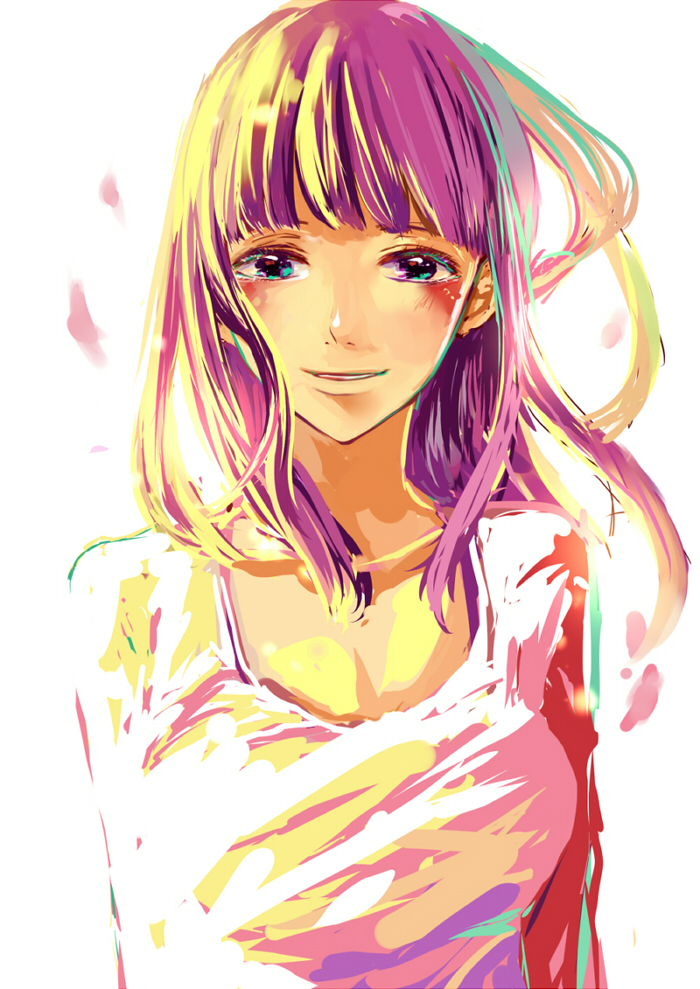 bangs, black_eyes, blush, breasts, face, long_hair, nico_robin, one_piece, pipay, purple_hair, smile, wind, young
