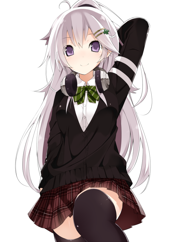 arm_behind_head, arm_up, bad_id, black_legwear, cardigan, hair_ornament, hairclip, headphones, long_hair, looking_at_viewer, original, plaid, plaid_skirt, pleated_skirt, ponytail, purple_eyes, school_uniform, silver_hair, simple_background, skirt, smile, soburi, solo, thigh-highs, thighhighs, violet_eyes, white_background, zettai_ryouiki