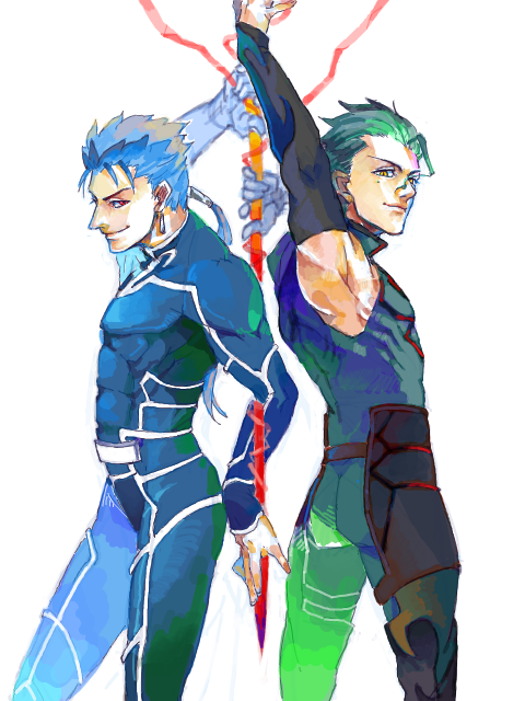 ahoge, black_hair, crossover, fate/stay_night, fate/zero, fate_(series), gae_bolg, gae_buidhe