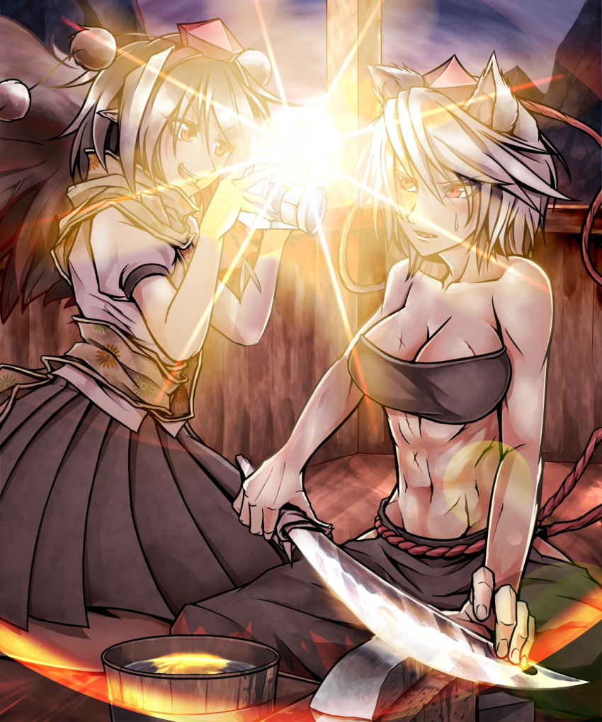 abs, animal_ears, black_hair, breasts, bucket, camera, camera_flash, cleavage, falconet_dragon, fangs, hat, highres, injury, inubashiri_momiji, multiple_girls, muscle, navel, open_mouth, red_eyes, ryuuichi_(f_dragon), scar, scratches, shameimaru_aya, sharpening, shirt, short_hair, silver_hair, skirt, sky, smile, sweatdrop, sword, tokin_hat, toned, touhou, water, weapon, wings, wolf_ears