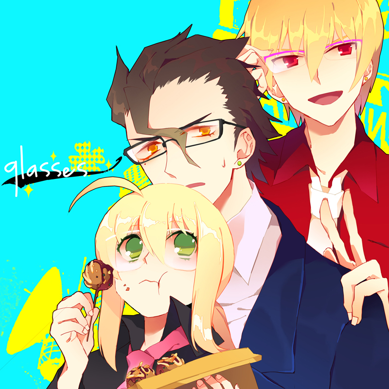 2boys, :t, adjusting_glasses, ahoge, bespectacled, black_hair, blonde_hair, casual, dango, earrings, eating, fate/zero, fate_(series), food, food_on_face, gilgamesh, glasses, green_eyes, height_difference, jewelry, lancer_(fate/zero), las_z, long_hair, male, mole, multiple_boys, payot, ponytail, red_eyes, saber, short_hair, sweat, v, wagashi, yellow_eyes