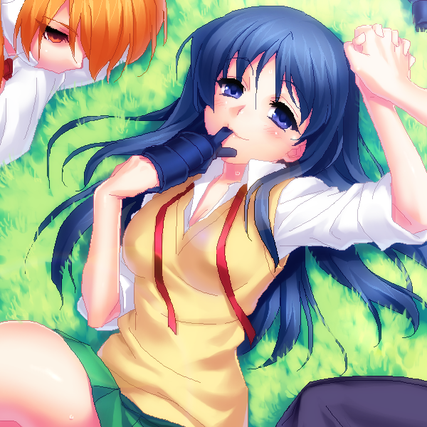 biting_hair, blue_eyes, blue_hair, blush, kurusugawa_ayaka, long_hair, pov, school_uniform