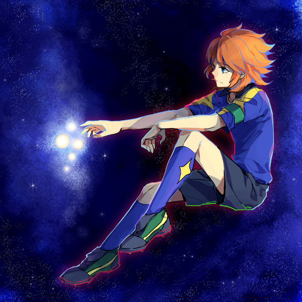 amemiya_taiyou, arakumo_gakuen, armband, blue_eyes, inazuma_eleven, inazuma_eleven_(series), inazuma_eleven_go, kneehighs, male, obo, orange_hair, short_hair, soccer_uniform, space, star
