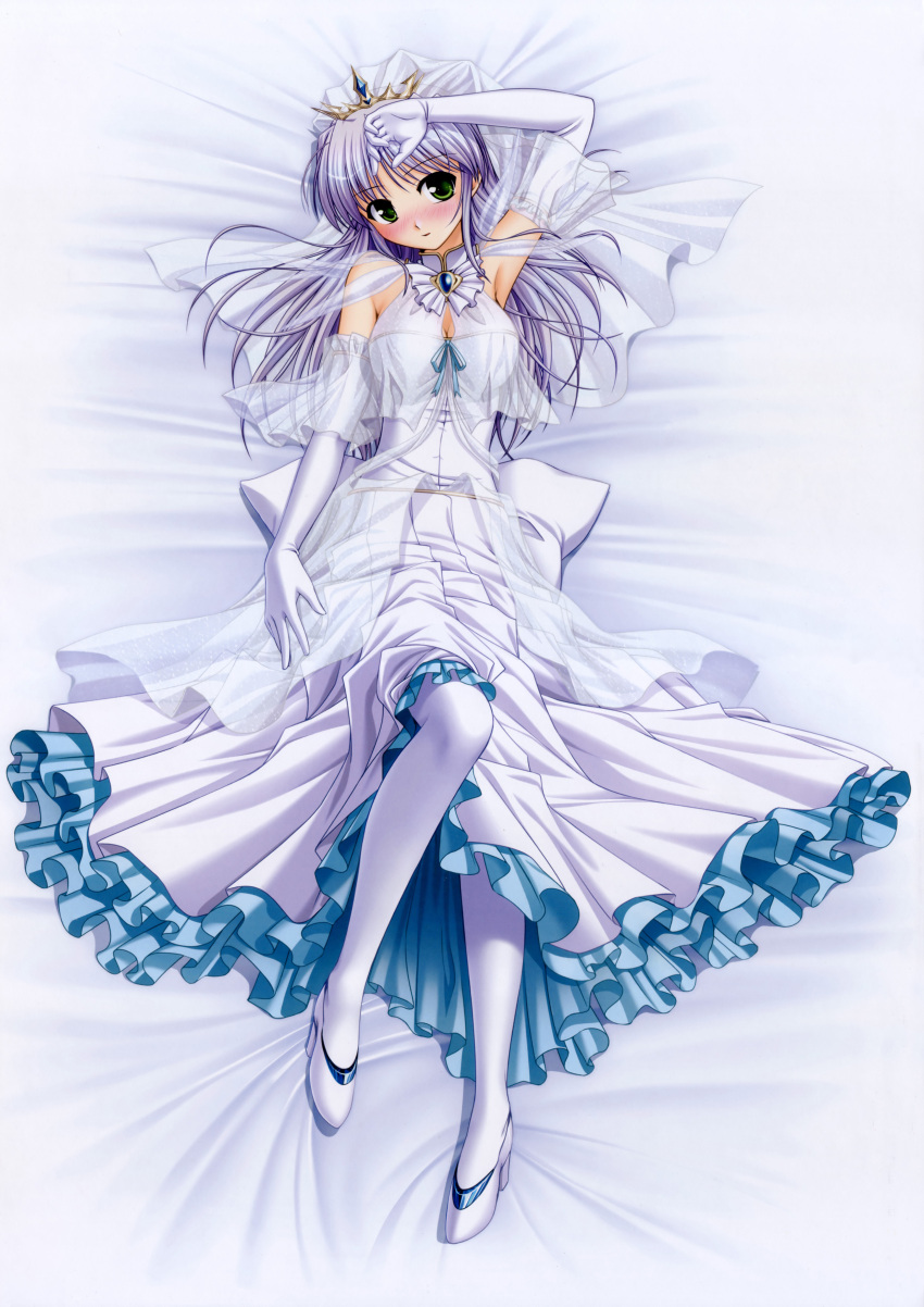 absurdres, bare_shoulders, bed, bed_sheet, bekkankou, blush, breasts, bridal_veil, bride, cleavage, crown, dakimakura, detached_collar, dress, elbow_gloves, feena_fam_earthlight, frills, gloves, green_eyes, high_heels, highres, long_hair, lying, pantyhose, purple_hair, ribbon, shoes, solo, tiara, veil, wedding, wedding_dress, white, white_dress, white_gloves, white_legwear, yoake_mae_yori_ruri_iro_na, yoake_mae_yori_ruriiro_na