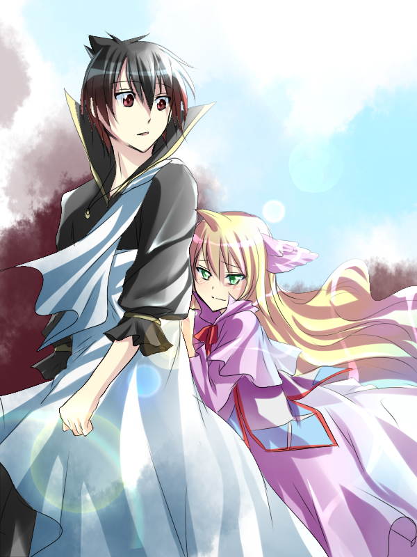 blonde_hair, brown_eyes, capelet, dress, fairy_tail, green_eyes, head_wings, high_collar, jewelry, kurose_nao, long_hair, mavis_vermilion, necklace, popped_collar, ribbon, wavy_hair, zeref