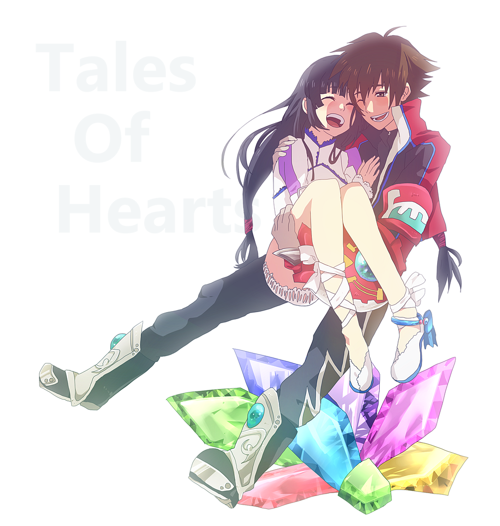 1girl, ^_^, black_hair, boots, brown_hair, carrying, closed_eyes, coat, crystal, eyes_closed, happy, is2k331, kohak_hearts, long_hair, low-tied_long_hair, pants, princess_carry, shing_meteoryte, shoes, shorts, simple_background, smile, tales_of_(series), tales_of_hearts, white_background, wink
