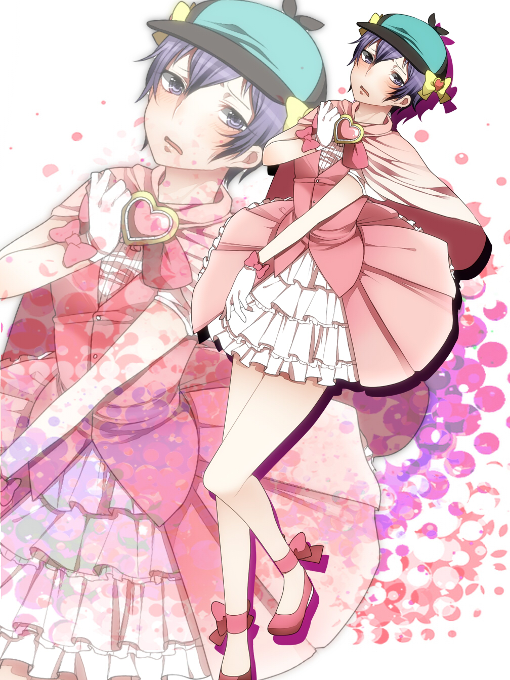 blue_eyes, blue_hair, blush, cosplay, deerstalker, dress, hat, heart