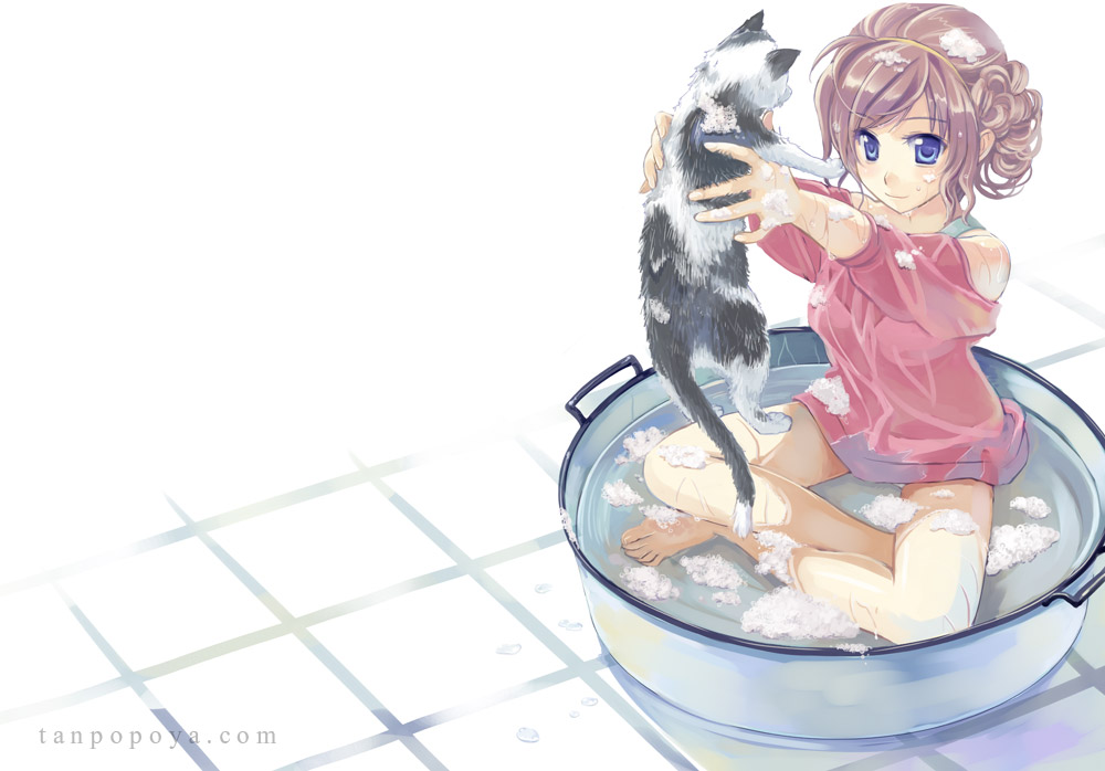 bare_shoulders, barefoot, bathing, blue_eyes, brown_hair, cat, hair_up, holding_up, indian_style, naruse_chisato, original, sitting, soap, solo, washtub, water, wet, wet_clothes