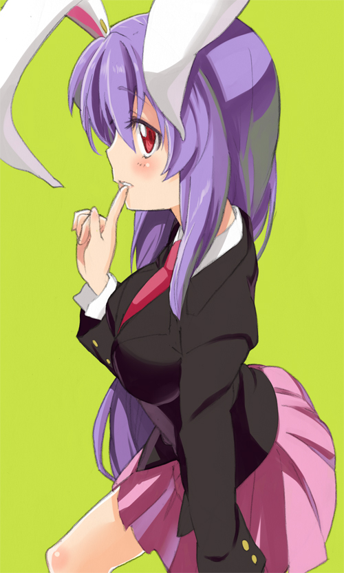 ayasugi_tsubaki, blazer, blush, breasts, bunny_ears, finger_to_lip, finger_to_mouth, necktie, pleated_skirt, purple_hair, rabbit_ears, red_eyes, reisen_udongein_inaba, skirt, touhou